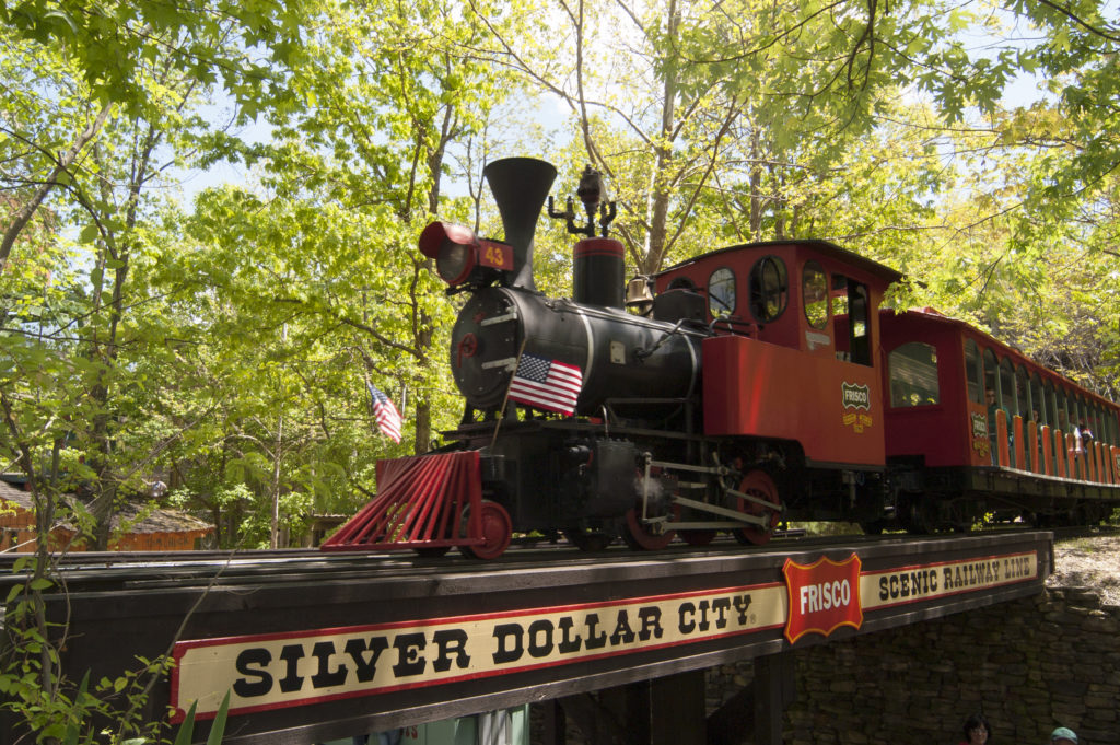Silver Dollar City train passing over a bridge