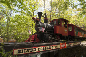 Silver Dollar City train passing over a bridge